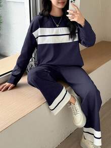 SHEIN 青少年女孩蓝白撞色针织纯色拼接丝带落肩长袖 T 恤长裤学院休闲两件套西装/返校/情人节童装/情人节/春夏秋冬服装 - 藏蓝色 - 查看 6