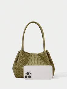 SHECARRY 女士休闲压花编织单肩包水桶包，适合日常通勤和度假场景 - 橄欖綠 - 查看 2