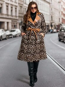 Ellevyn Abrigo para mujer talla grande, elegante abrigo de cuero sintético con estampado de leopardo y cuello de color contrastante, abrigo midi con cinturón para otoño e invierno para mujeres - Multicolor - Ver 10