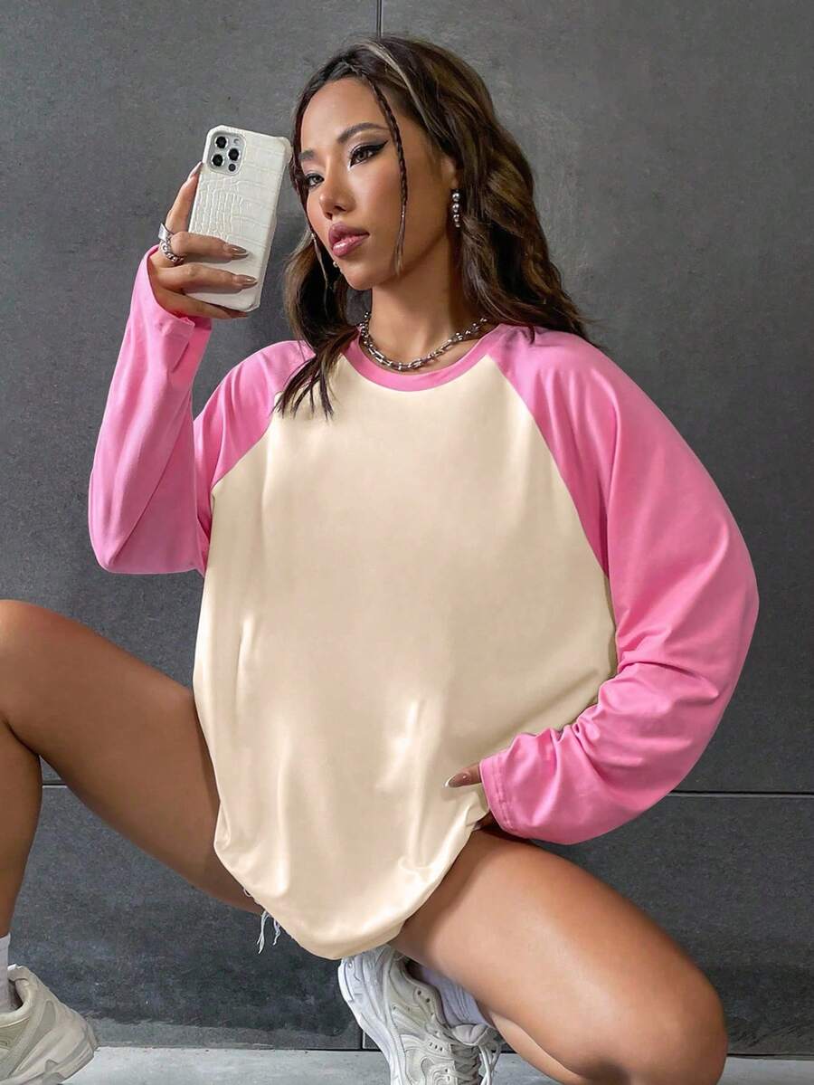 SHEIN Unity 拼色插肩袖 T 恤 图案 T 恤 女式上衣 - 淺粉色 - 查看 1