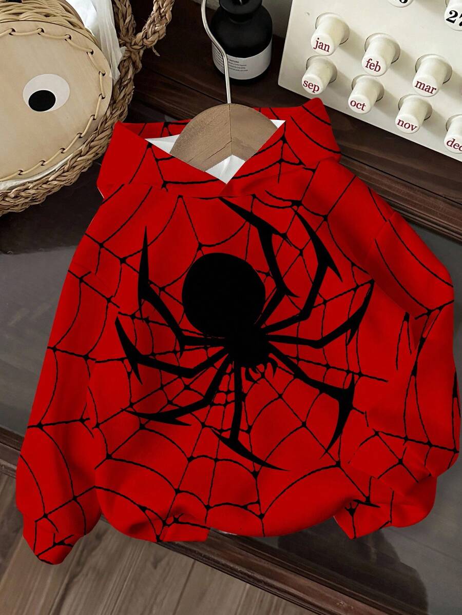 Baby Boys Casual Minimalist Autumn New Spider Cute Cartoon Sports Style Loose Comfortable Soft Knit Hooded Pullover Sweatshirt, Suitable For Autumn/Winter - Multicolor - View 1