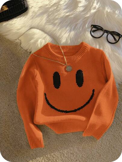 SHEIN 1pc Young Boys Soft, Comfortable & Cute Face Knit Crew Neck Pullover Sweatshirt, Long Sleeve Sweatshirt, Suitable For Spring, Summer, Autumn, Winter, Everyday Wear, Outdoor, School, Party, Holiday, Christmas, New Year Kids Sweater Knit Sweater Orange Sweater Fall