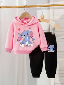 SHEIN 2pcs Baby Girls Rabbit Print Hoodie Sweatshirt And Pants Set, Cute And Versatile For Autumn/Winter Fall - Pink - View 1