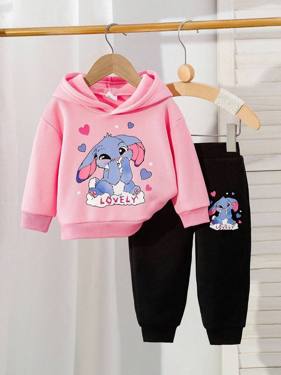 SHEIN 2pcs Baby Girls Rabbit Print Hoodie Sweatshirt And Pants Set, Cute And Versatile For Autumn/Winter Fall - Pink - View 1