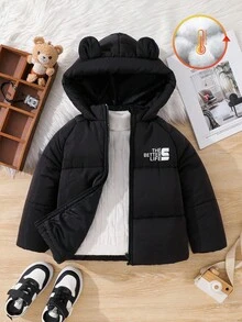 儿童男童休闲舒适百搭厚款可爱 3D 耳朵连帽夹克，适合秋冬季 - 黑色 - 查看 2