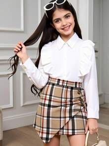 Tween Girls Academy Style Ruffle Collar Shirt And Plaid Skirt Shorts 2pcs Set, Autumn - Khaki - View 9