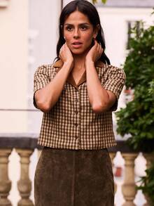 lacRébo 棕色格纹短款夹克，搭配撞色仿麂皮领 - 棕色 - 查看 3