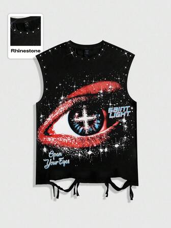Street Life Punk Street Style Grafik-Muster ärmelloses Rundhals-Trägershirt mit Strass und abgenutzten Details, Herren Sommer