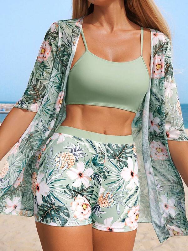 Swim Lushoire Women's Summer Beach Tropical Plant Print Bikini Set With Square Shorts, Matching Half Sleeve Kimono Cover-Up
