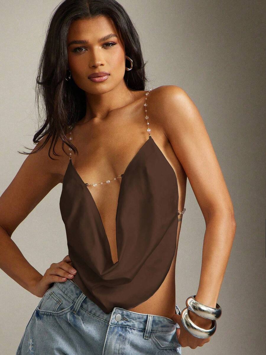 Denimoi Atasan Wanita Polos Seksi Model Crop dengan Hiasan Rantai dan Tali Bahu Tipis - Coklat - View 1