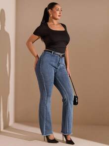 SHEIN BAE Quần Jeans Ống Loe Đơn Giản Cài Nút Phía Trước Cỡ Lớn, Mặc Thường Ngày - Rửa tối - Xem 6