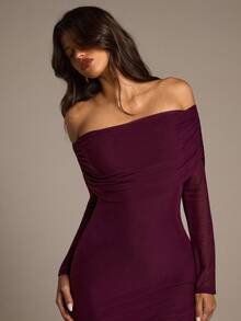 Aloruh Đầm midi ôm sát vai màu đỏ rượu Ankara lưới hở vai mới dành cho nữ mùa thu/đông - Màu tím - Xem 2