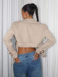 Amplova 女式缺口翻领纽扣前长袖短款风衣，适合日常休闲 - 杏色 - 查看 2