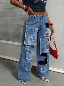 BamGleam 女士时尚街头拼布磨边口袋做旧宽松阔腿牛仔裤 - 中等水洗藍 - 查看 7