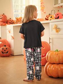 طقم بيجامة قصير الأكمام وبنطال مطبوع بالقرع لفتاة في عيد الهالوين - متعدد الألوان - مشاهدة 2