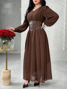 Feyla Women's Solid Color Minimalist V-Neck Long Sleeve Dress, Everyday Wear