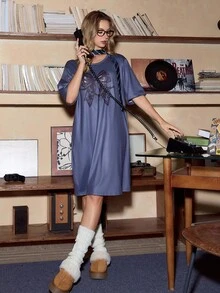 Miss Vinta Retro amerikanischer Stil Schleife Muster Halloween Damen Kurzarm Kleid