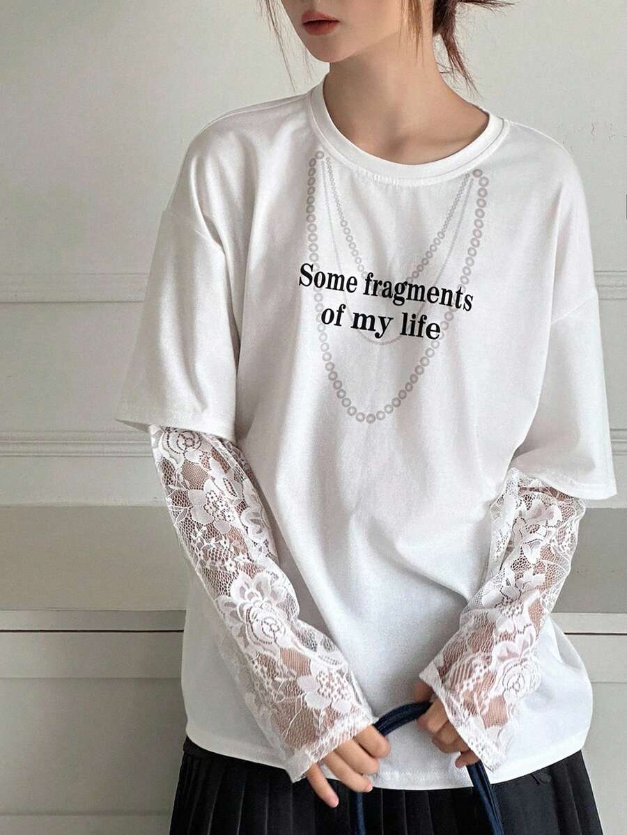 Dazy Kids 青少年女孩休闲宽松白色长袖 T 恤，二合一，秋季 - 白色 - 查看 1