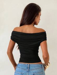 Aloruh Asymmetrical Asymmetric Shoulder Knit T-Shirt Top, Purple-Red Black Tops