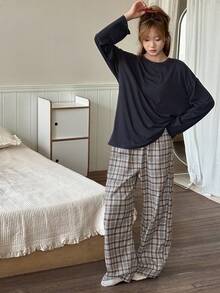 DAZY 少女宽松舒适格子直筒裤休闲家居服，秋季 - 黑色 - 查看 3