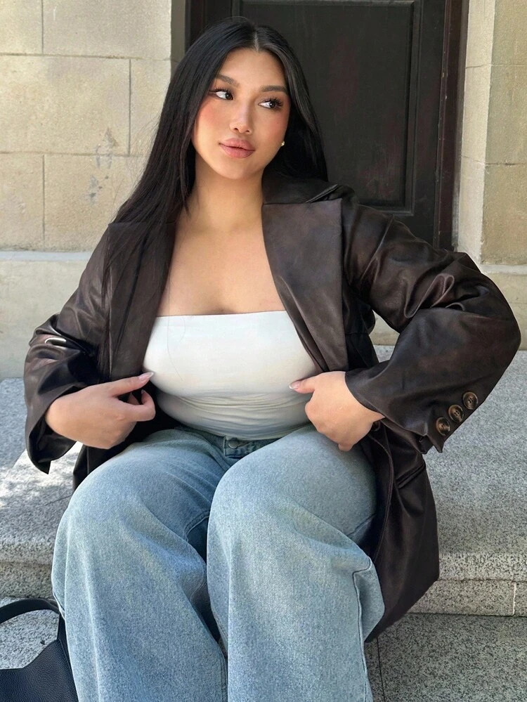 Dazy Plus Plus Size Women Loose Fit PU Leather Motorcycle Jacket, Brown, Autumn/Winter Women Coats