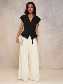 COSMINA Women's Elegant V-Neck Tie-Waist Camisole, Spring/Summer Black Tops - Black - View 5