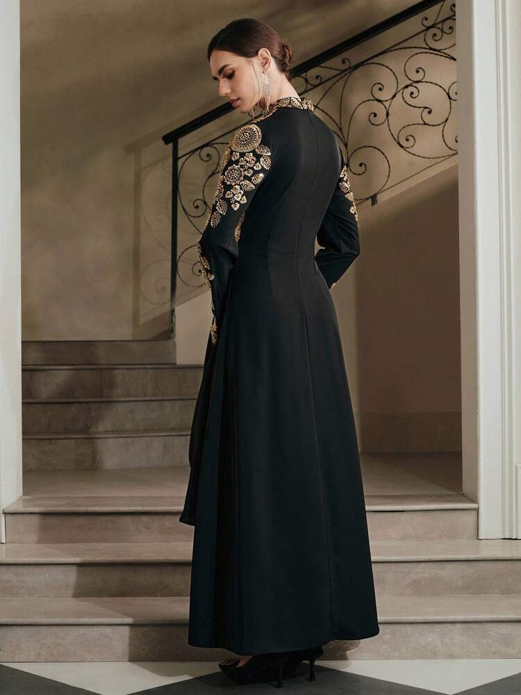 Women's New Gothic Style Chiffon Studded Pearl High Collar High-End Party Dress