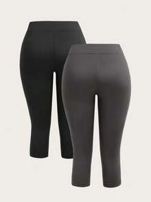 SHEIN EZwear 2条装女士黑灰马刺绣图案七分紧身休闲打底裤，适合夏季、搭配、骑行、运动、瑜伽、街头服饰。 - 彩色 - 查看 2