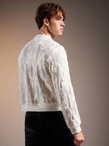 FeverCity 男士花卉印花拉链休闲棒球夹克，秋冬 - 米色 - 查看 2