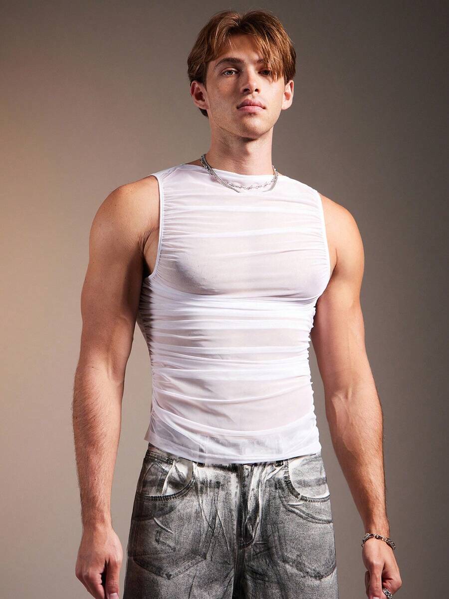FeverCity Sexy Mesh Sheer, Ruched Design, Slim Fit Men's Tank Top - White - View 1