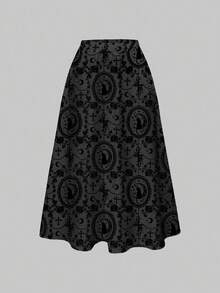 ROMWE Gothic Dark Palace Mysterious Black Cat Cross Vine Rose Sun Moon Star Full Print Women Skirt - Black - View 1