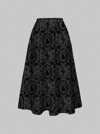 Goth Gotischer dunkler Palast mysteriöse schwarze Katze Kreuz Weinrebe Rose Sonne Mond Stern Allover-Muster Damen Rock