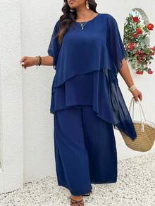 SHEIN CURVE+ 大码休闲宽松拼接雪纺袖上衣和松紧腰裤套装 - 藍色 - 查看 6