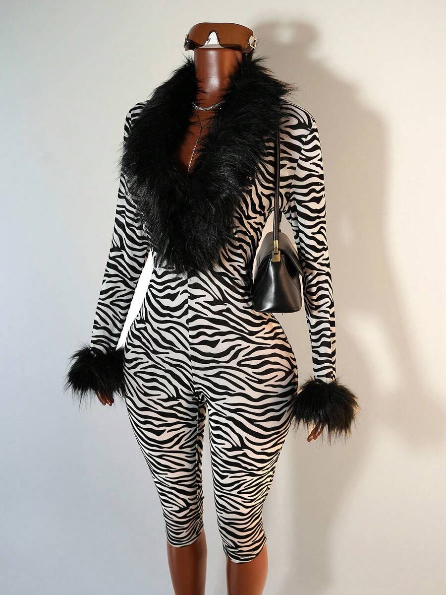 Mistrie 女式休闲斑马纹修身长袖毛绒边连体裤 - 黑與白 - 查看 1