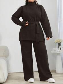 EURMUSE Solid Color Turtleneck Casual Sweater 2pcs/Set - Brown - View 3