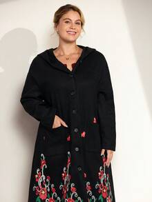 Momelise 大码女式休闲连帽印花口袋长袖大衣