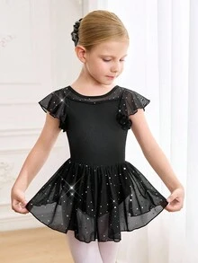 SHEIN 女童无袖紧身连衣裤，带荷叶边腰带蝴蝶结，校园比赛芭蕾舞裙，儿童可爱亮片网眼芭蕾舞裙，舞蹈连体衣 - 黑色 - 查看 2