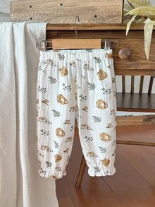 Vintaside Kids 女婴柔软棉麻混纺裤子，带有可爱的兔子和动物图案，适合春秋冬季的时尚百搭下装 - 彩色 - 查看 4