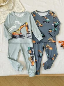 SHEIN Playful Pals 2 件套幼儿男童柔软双面罗纹针织卡通挖掘机印花长袖上衣和裤子套装，灰绿色，深灰色下装