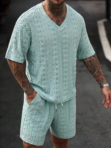 Manfinity Homme 2pcs Men's Knitted Textured Jacquard Solid Color T-Shirt And Shorts Set