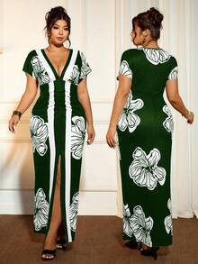 Cravure Women's Fitted Waist Elastic Floral Print V-Neck Dress - Dark Green - View 7