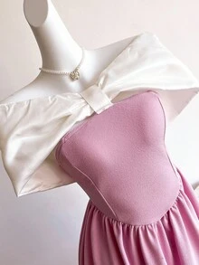 SHEIN Sweetra Young 少女露肩蝴蝶结拼接粉色迷你连衣裙，优雅休闲度假装，适合春夏季，女孩化装舞会，公主风格，花卉/装饰设计，无传统图案