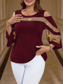 SHEIN Clasi 大码女式休闲宽松露肩黑色拼布T恤优雅女士服装 - 酒紅色 - 查看 4