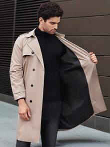 Manfinity CasualCool Men's Button Front Long Sleeve Pocket Simple Casual Trench Coat, Going Out Flannel Trench Coat, For Friends, Husband, Boyfriend Gifts, Men Trench Coat, Man Coat, Men Outerwear,Fall