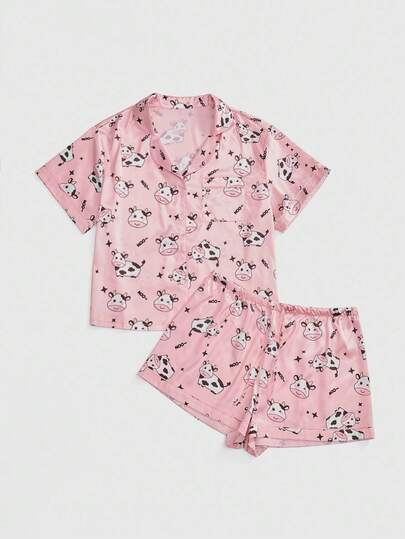 Kawaii Ensemble de pyjama en soie imprimé vache grande taille avec Top à col polo et shorts, été