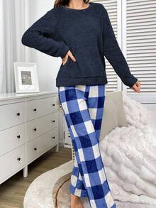 SHEIN 女士纯色圆领长袖抓绒上衣和格子裤蓬松睡衣套装，舒适蓬松睡衣套装，秋冬服装，温暖舒适 - 藍色 - 查看 4