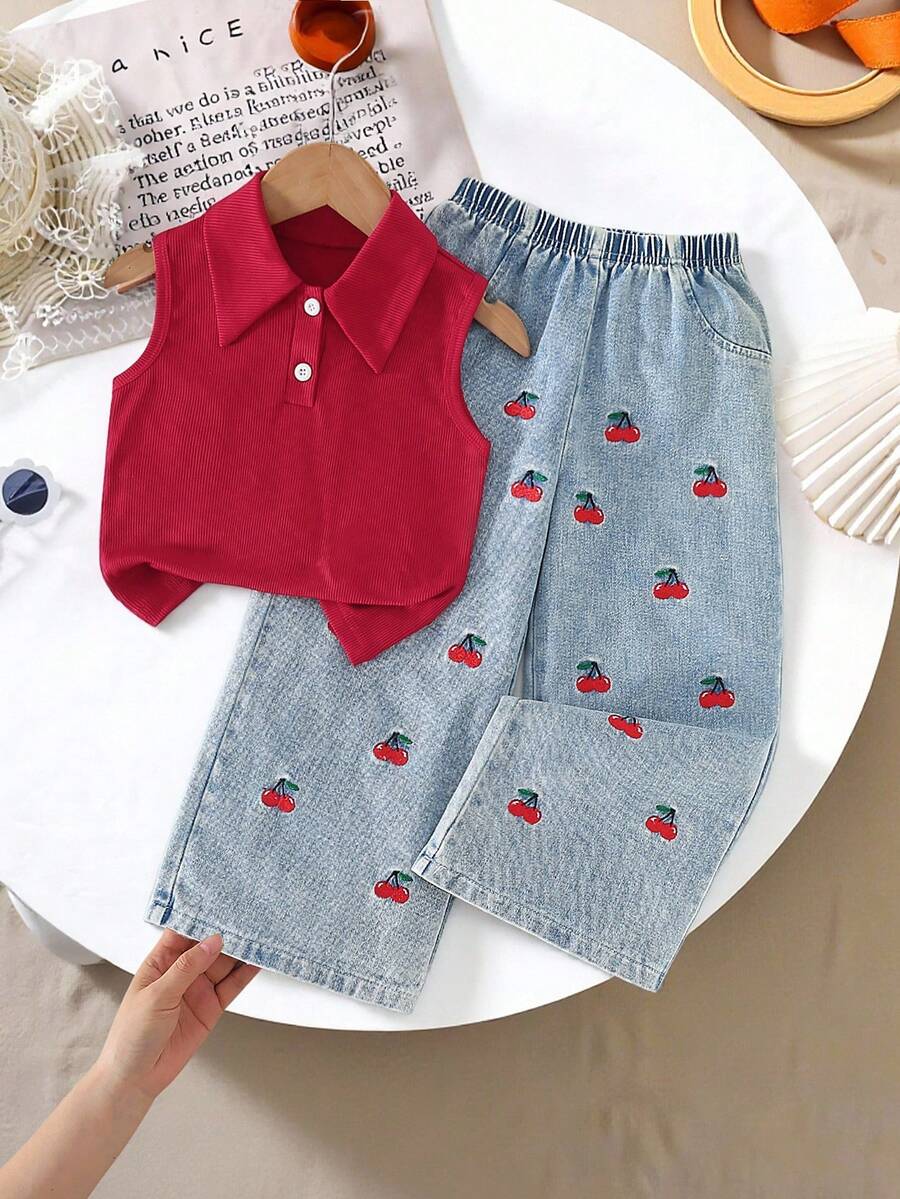Elladie kids 女童休闲时尚日常 POLO 领无袖修身酒红色背心和松紧腰直筒樱桃刺绣牛仔裤套装 - 酒紅色 - 查看 1