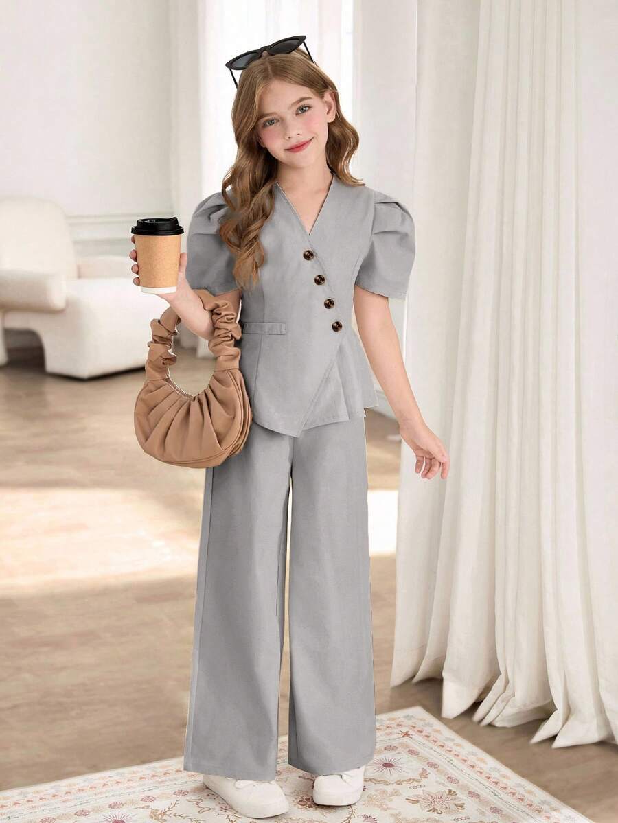 SHEIN 2件套女童泡泡袖斜扣百褶下摆上衣和直腿宽裤套装 - 灰色 - 查看 1