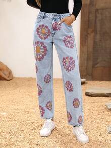 EMERY ROSE Printed Loose Straight Leg Jeans - Light Wash - View 1