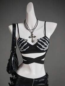 SHEIN ICON Women's Halloween Skeleton Hand Reflective Chest Print Bodycon Camisole Sexy Hollow Out,Black Tops - Black - View 1